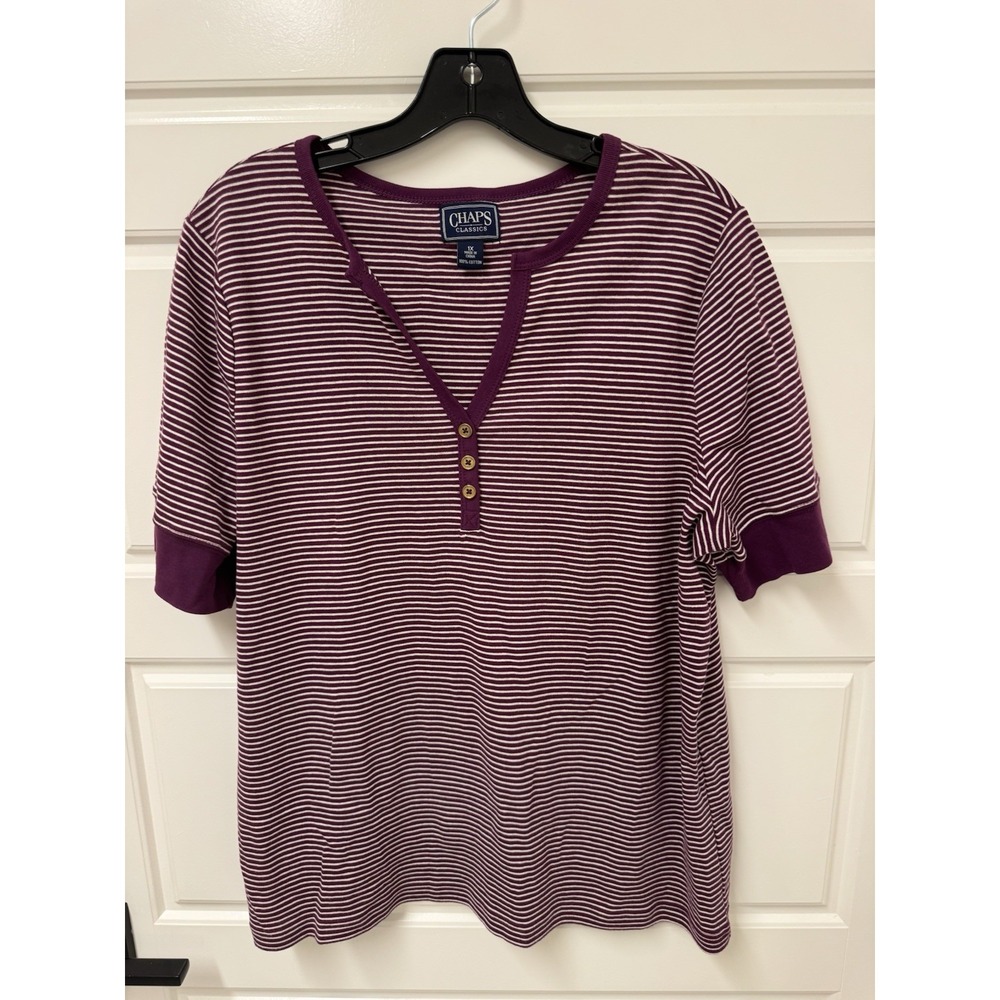 Chaps Classics Purple Striped V-Neck Gold Button Cotton Blouse Top 1X